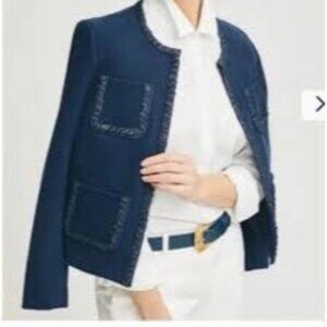 J.McLaughlin Navy Blue Ribbed Knit Jacket With Braided Trim Open Front 4 Pockets